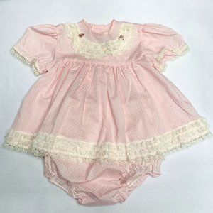 Vintage Cutest One USA Infant Pink Laced Dress And Bloomers 18 Months EUC